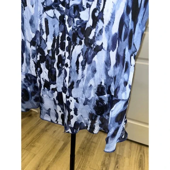 Allison Taylor Y2K Blue Black Abstract V-Neck Short Sleeve RetroBlouse Women's M - Picture 6 of 11